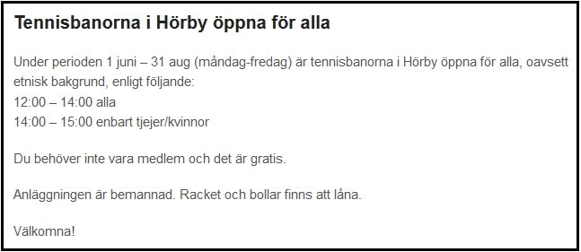 Mellem 14 og 15 er der kun adgang for kvinder. Billede: Screenshot, Hörby-Höör Tennisklubs hjemmeside.