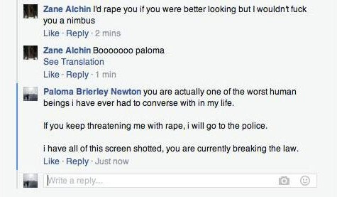 Udvekslingen mellem Zane Alchin og Brierley Newton på Facebook.