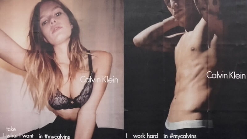 Reklameplakater for Calvin Klein. Til venstre den kvindelige model Anna Ewers. Til højre den mandlige fodboldspiller James Rodriguez. Foto: Peter Mulvany.
