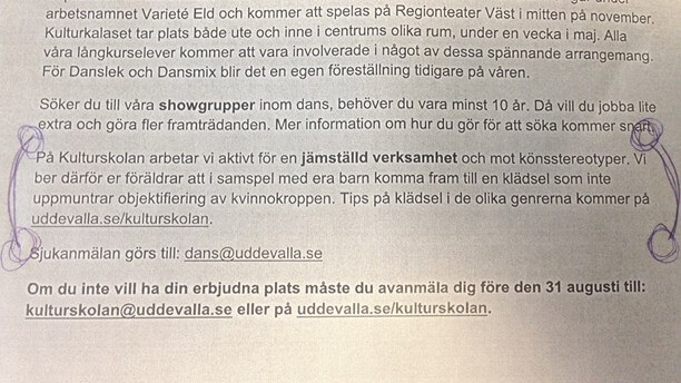 Tilmeldingsblanketten til efterårets dansehold på danseskolen under Uddevalla Kulturskola. Billede: Privat/Sveriges Radio.